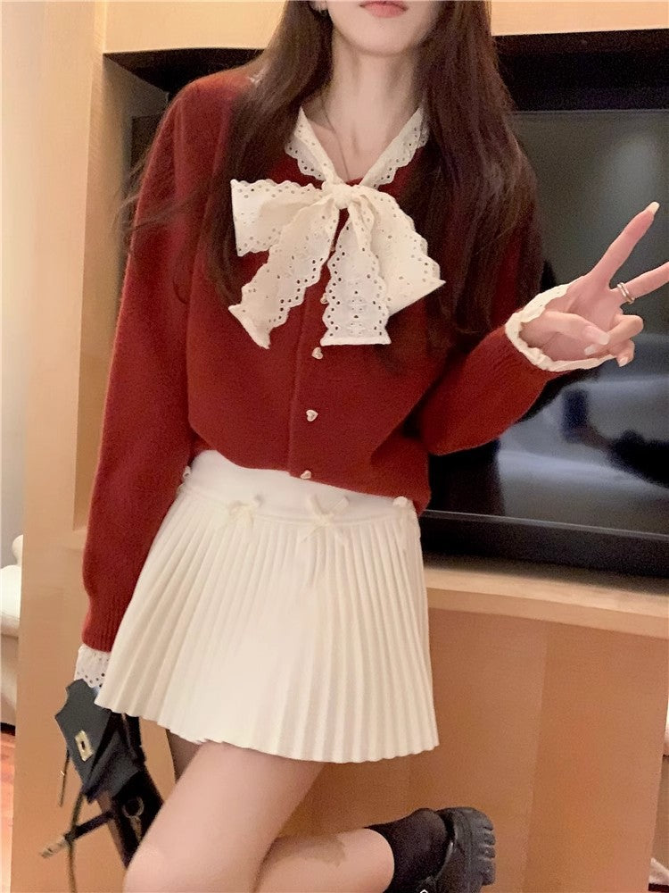 White Skirt, Bow Skirt, Black Pleated Skirt, Women's Early Autumn High-Waisted Slimming Look A-Line Skirt, Woolen Skirt