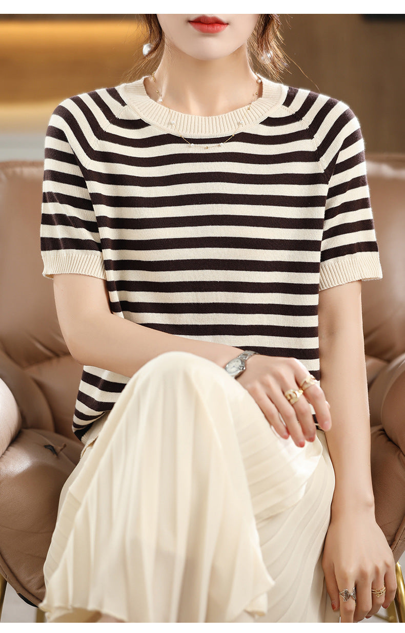 Summer New Striped Sweater T-shirt Women's Loose Round Neck Rags Short Sleeve Western Style Pure Cotton Backing Fashion