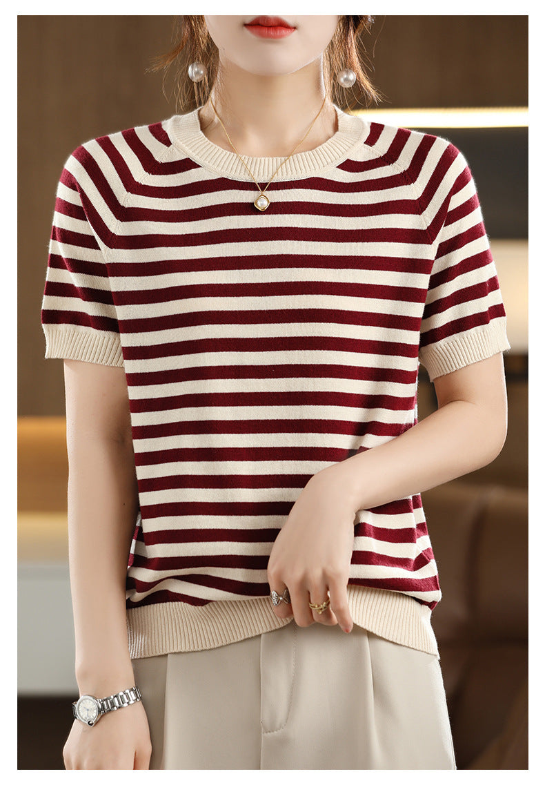 Summer New Striped Sweater T-shirt Women's Loose Round Neck Rags Short Sleeve Western Style Pure Cotton Backing Fashion
