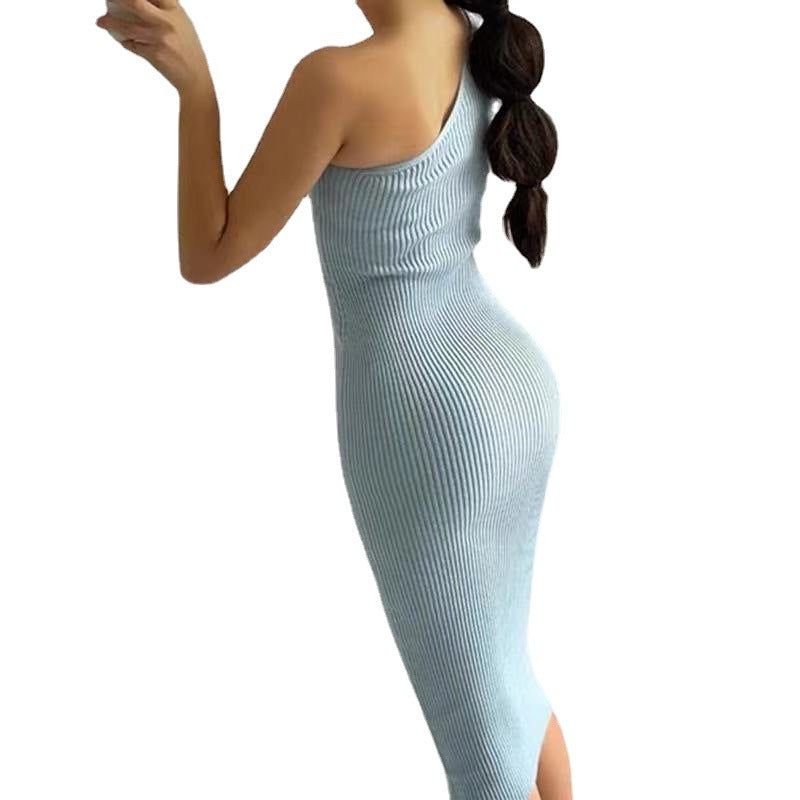 2026 Summer New Style Korean Fashion One-Shoulder Solid Color Slimming Elastic Bodycon Knit Dress 7100