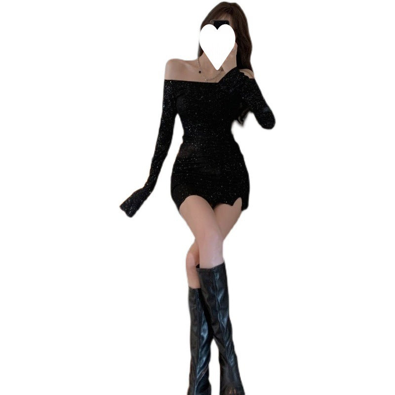 Shoulder dress Women's Slim-fit Diamond-studded Long-sleeved Irregular Hip Skirt Early Autumn 2025 New Black Skirt