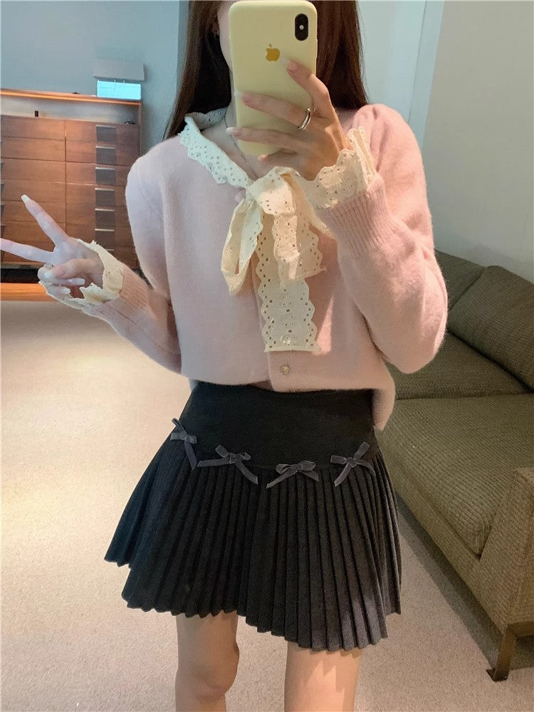 White Skirt, Bow Skirt, Black Pleated Skirt, Women's Early Autumn High-Waisted Slimming Look A-Line Skirt, Woolen Skirt