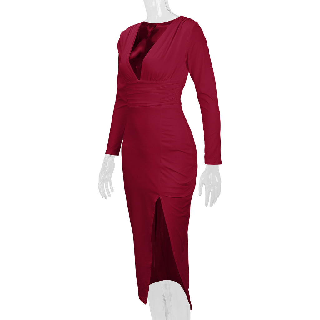 2026 Autumn and Winter New Cross-Border Long Dress European and American Style Sexy Bodycon Slim Fit Slit V-Neck Long Sleeve Dress