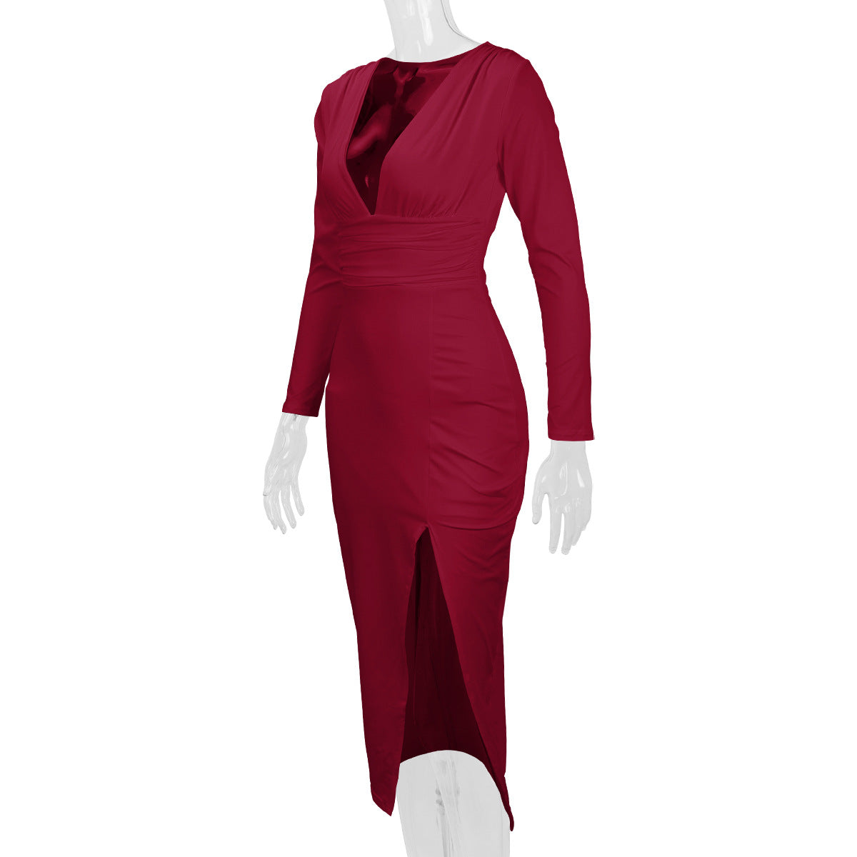2026 Autumn and Winter New Cross-Border Long Dress European and American Style Sexy Bodycon Slim Fit Slit V-Neck Long Sleeve Dress