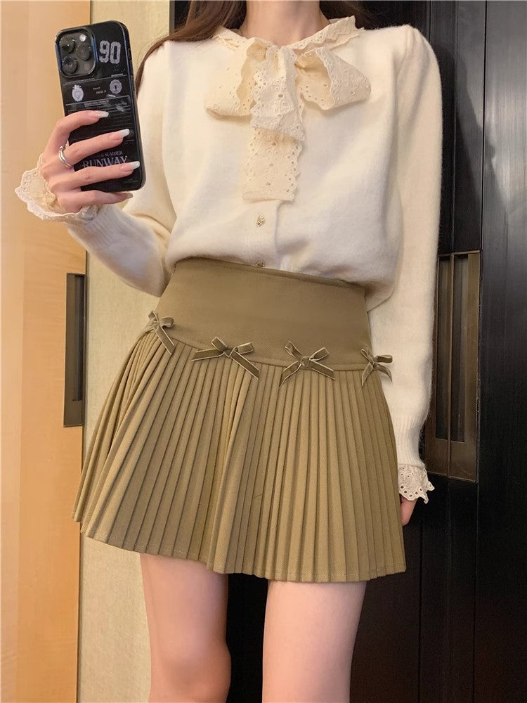 White Skirt, Bow Skirt, Black Pleated Skirt, Women's Early Autumn High-Waisted Slimming Look A-Line Skirt, Woolen Skirt
