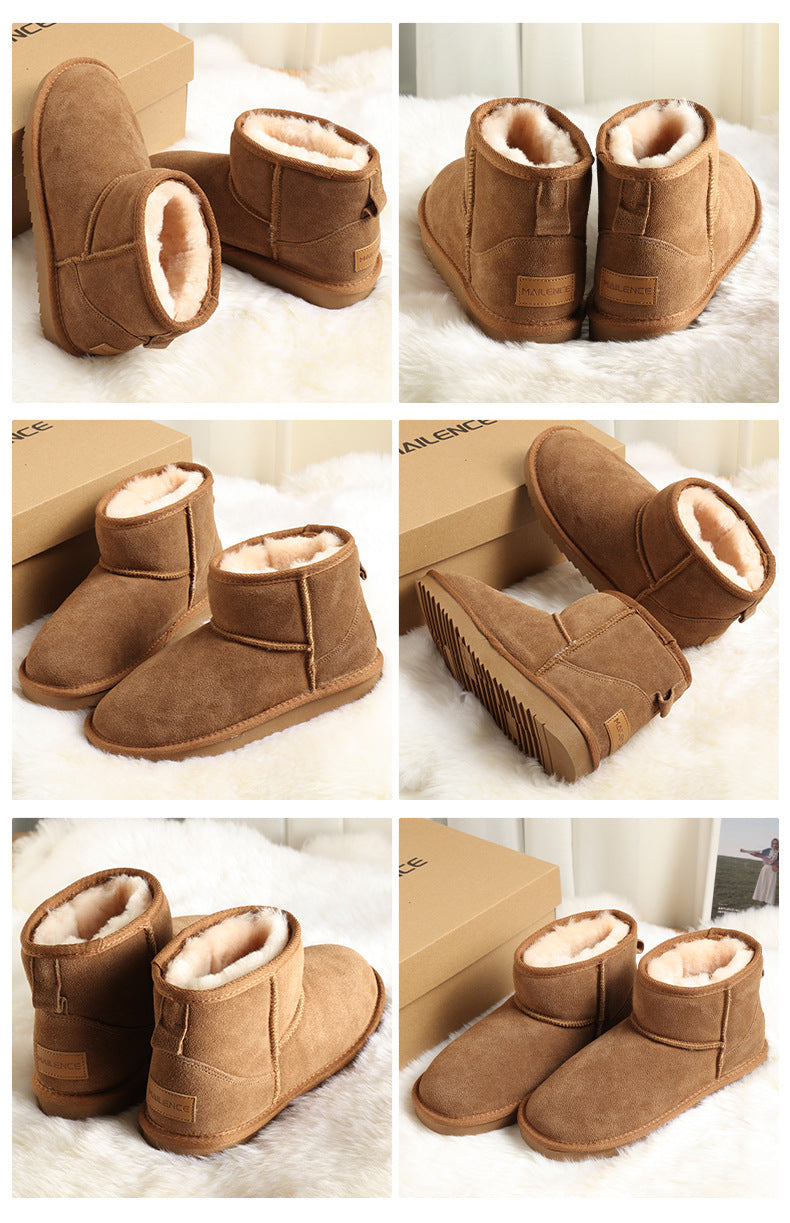 Sheepskin thick-soled snow boots women's winter fur one-piece short tube warm men's waterproof non-slip thick large cotton shoes