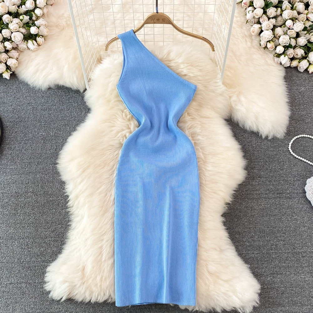 2026 Summer New Style Korean Fashion One-Shoulder Solid Color Slimming Elastic Bodycon Knit Dress 7100