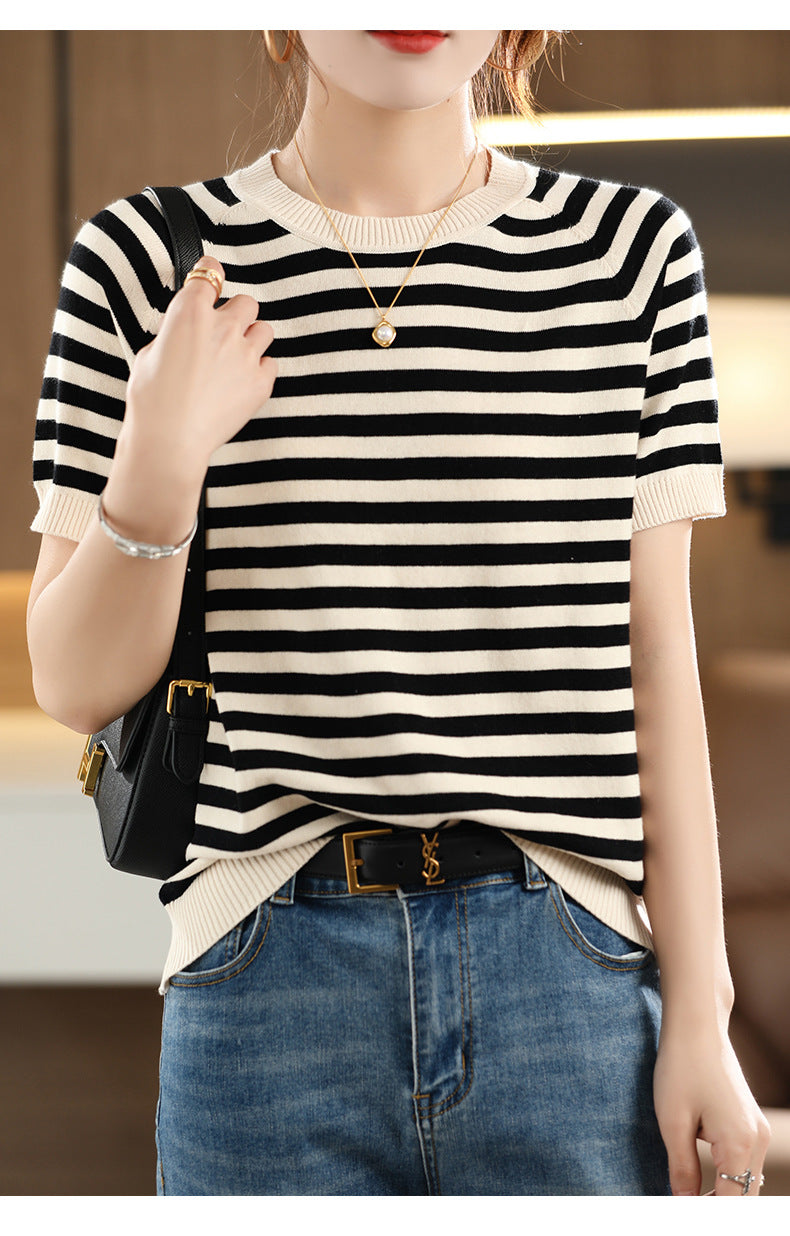 Summer New Striped Sweater T-shirt Women's Loose Round Neck Rags Short Sleeve Western Style Pure Cotton Backing Fashion