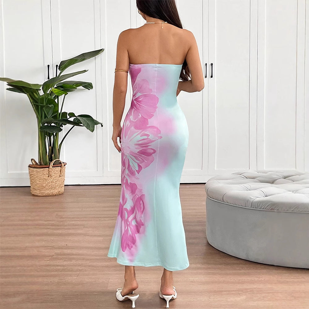 Ad176 European and American Fashion Spring and Summer New Style Elegant Strapless Backless Slim Fit Waist-Cinching Printed Sexy Bodycon Dress