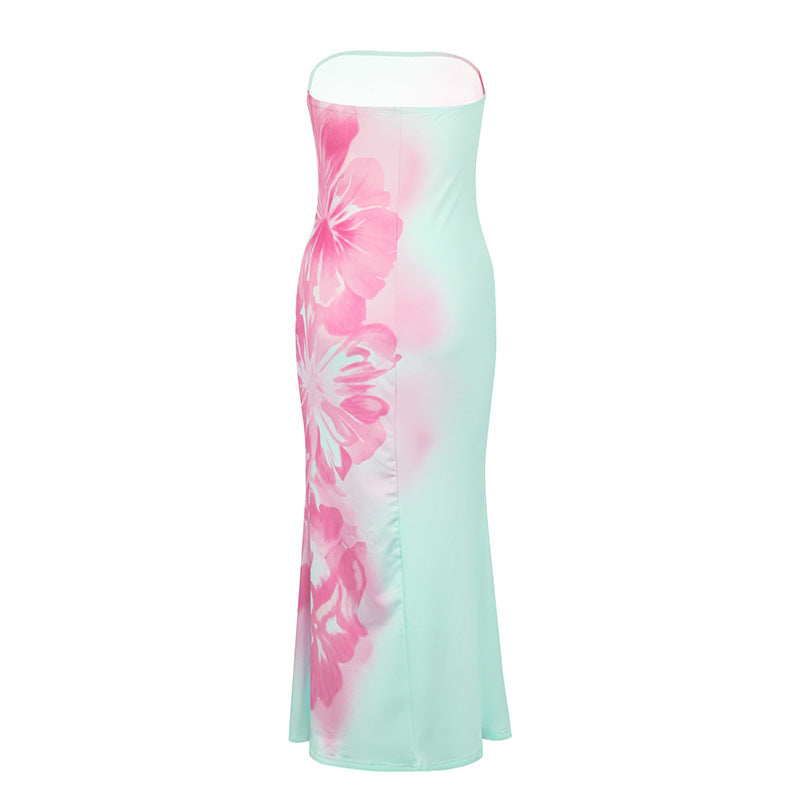 Ad176 European and American Fashion Spring and Summer New Style Elegant Strapless Backless Slim Fit Waist-Cinching Printed Sexy Bodycon Dress
