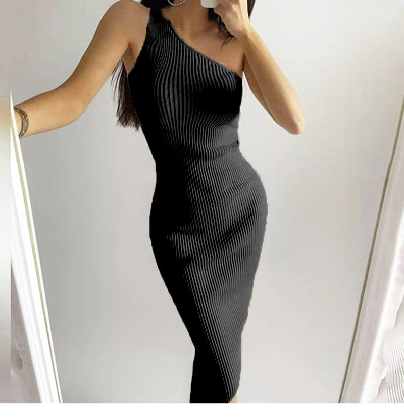 2026 Summer New Style Korean Fashion One-Shoulder Solid Color Slimming Elastic Bodycon Knit Dress 7100