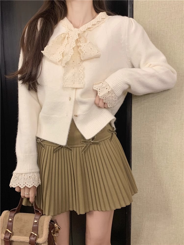 White Skirt, Bow Skirt, Black Pleated Skirt, Women's Early Autumn High-Waisted Slimming Look A-Line Skirt, Woolen Skirt