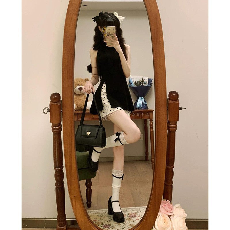 suit Women's 2025 Summer New Korean Style Design Sense Black Elegant Split Top High Waist Wave Dot Trendy Skirt