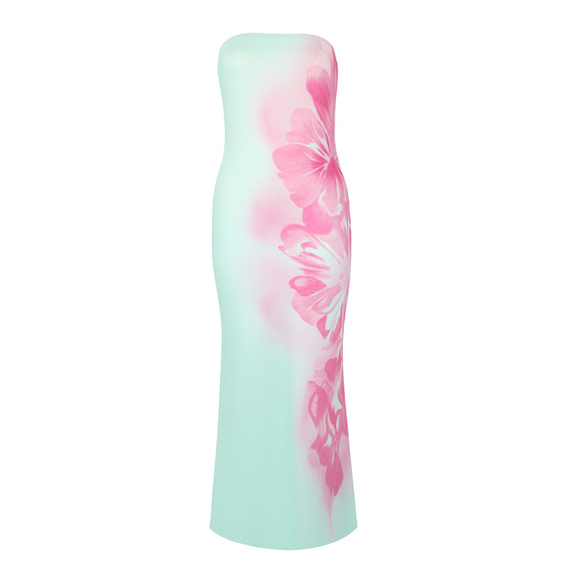 Ad176 European and American Fashion Spring and Summer New Style Elegant Strapless Backless Slim Fit Waist-Cinching Printed Sexy Bodycon Dress