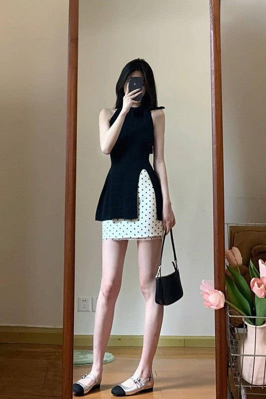 suit Women's 2025 Summer New Korean Style Design Sense Black Elegant Split Top High Waist Wave Dot Trendy Skirt