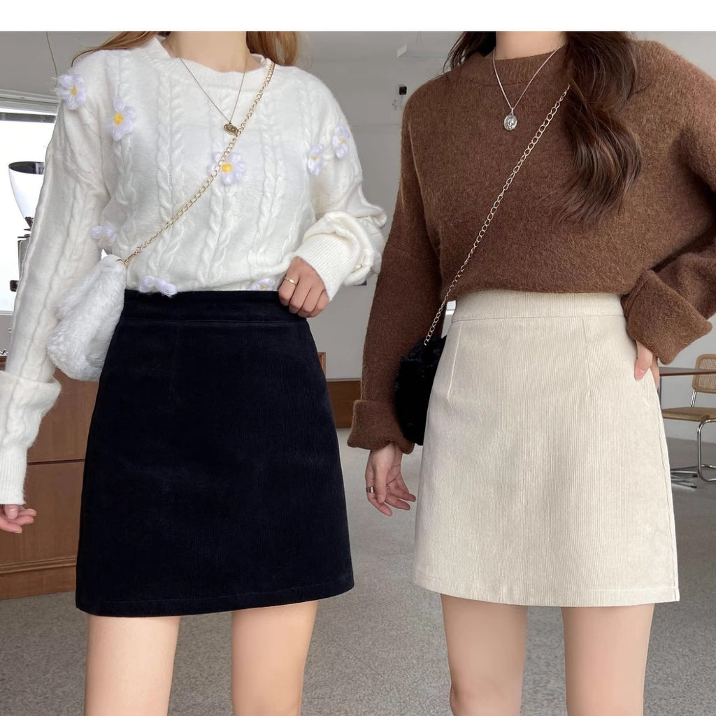 2023 New Autumn and Winter Skirts for Women, Corduroy Skirts, Small High-Waist Slimming Look Korean Style A-Line Hip Skirts