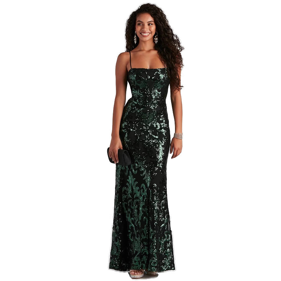 Cross-Border Summer New European and American Fashion Dresses, Sexy Formal Sequin Strap Dresses, Elegant Socialite Evening Gowns