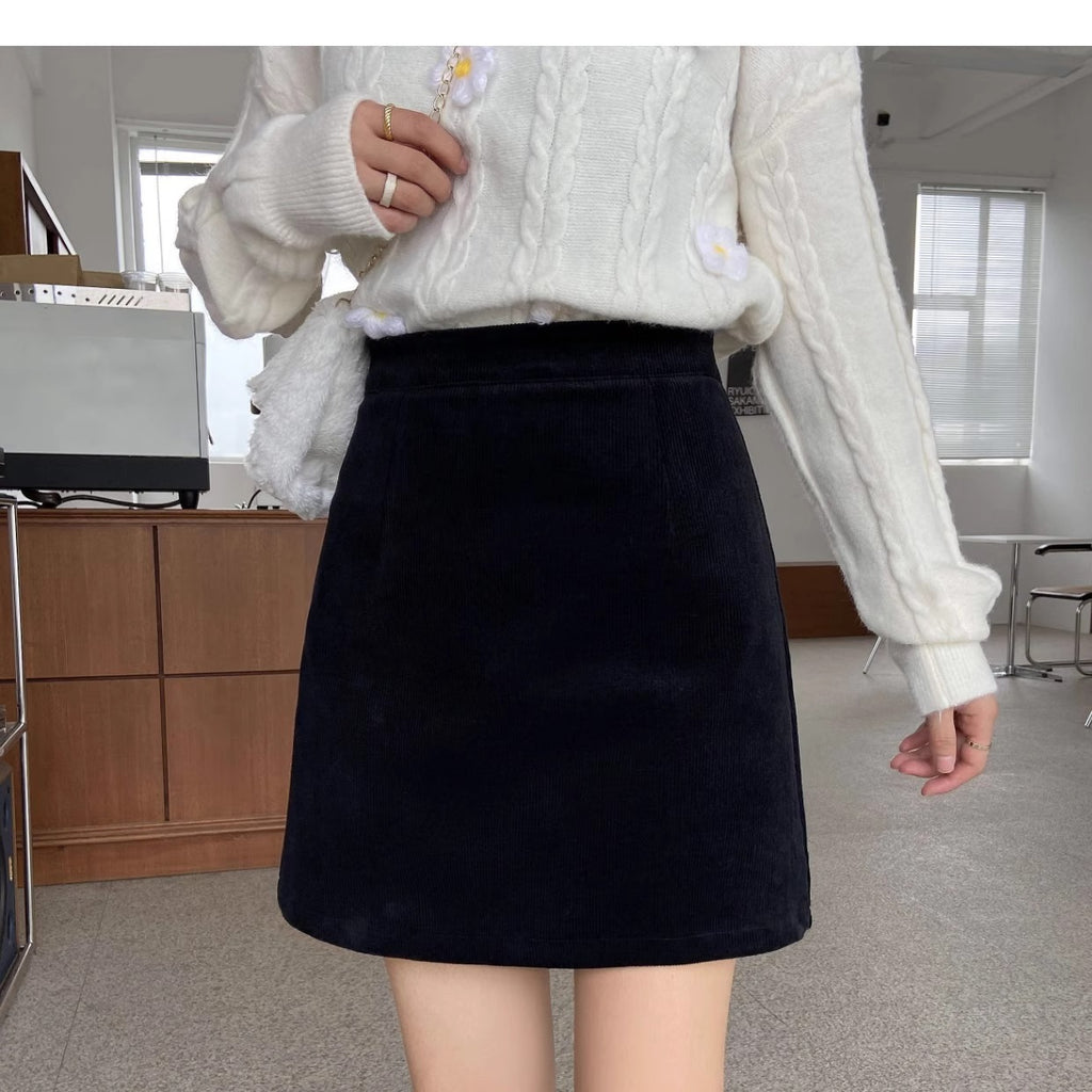 2023 New Autumn and Winter Skirts for Women, Corduroy Skirts, Small High-Waist Slimming Look Korean Style A-Line Hip Skirts