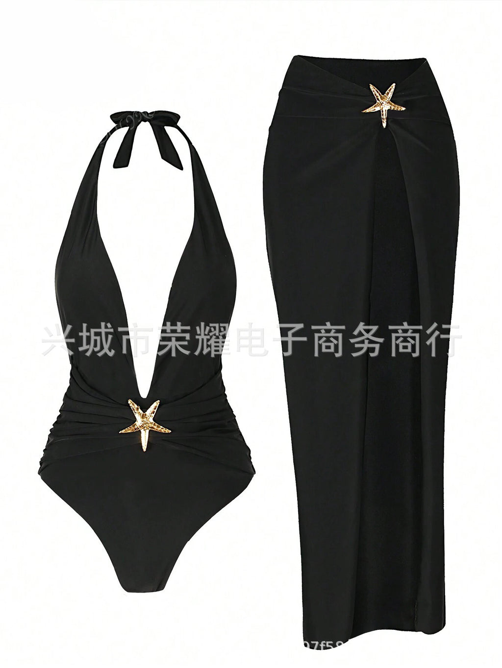 Cross-Border Sexy Beach Long Dress Deep V One-Piece Women's Black and White Swimsuit Two-Piece Set 2025 Hot Style Starfish
