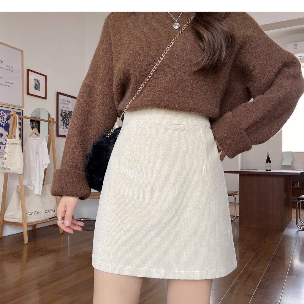 2023 New Autumn and Winter Skirts for Women, Corduroy Skirts, Small High-Waist Slimming Look Korean Style A-Line Hip Skirts