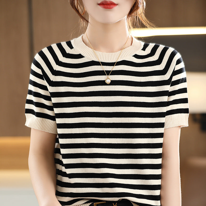Summer New Striped Sweater T-shirt Women's Loose Round Neck Rags Short Sleeve Western Style Pure Cotton Backing Fashion