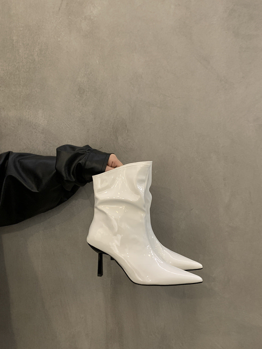 Pointed Toe Patent Leather Red Short Boots for Women 2025 Spring & Fall New Slim Stiletto Short Boots High Heels Slim Boots Nude Boots