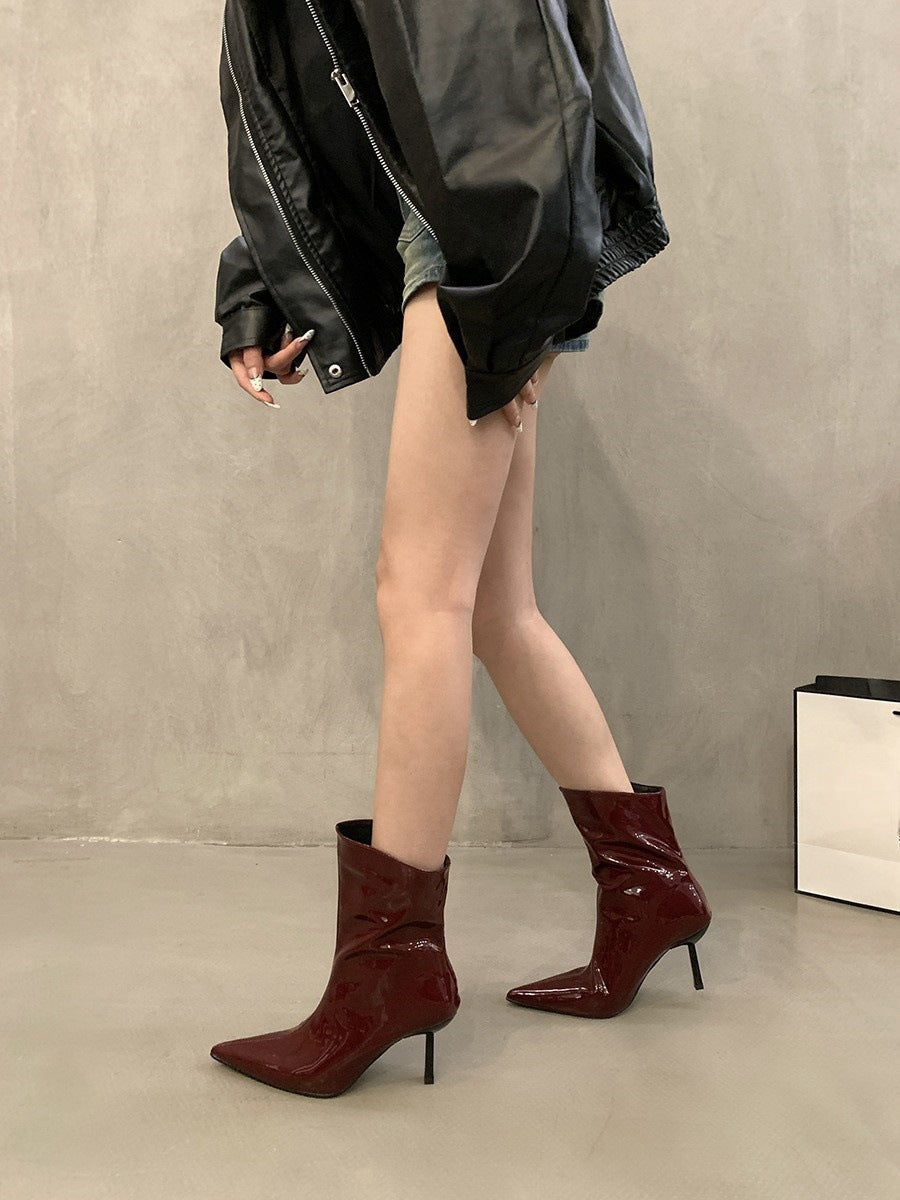 Pointed Toe Patent Leather Red Short Boots for Women 2025 Spring & Fall New Slim Stiletto Short Boots High Heels Slim Boots Nude Boots