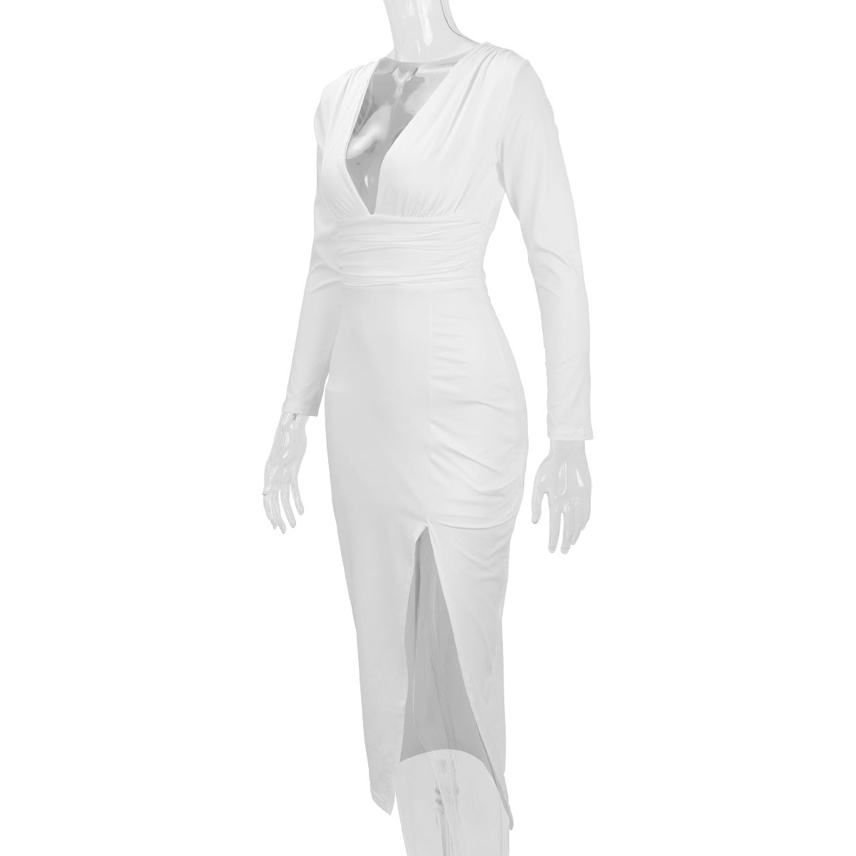 2026 Autumn and Winter New Cross-Border Long Dress European and American Style Sexy Bodycon Slim Fit Slit V-Neck Long Sleeve Dress