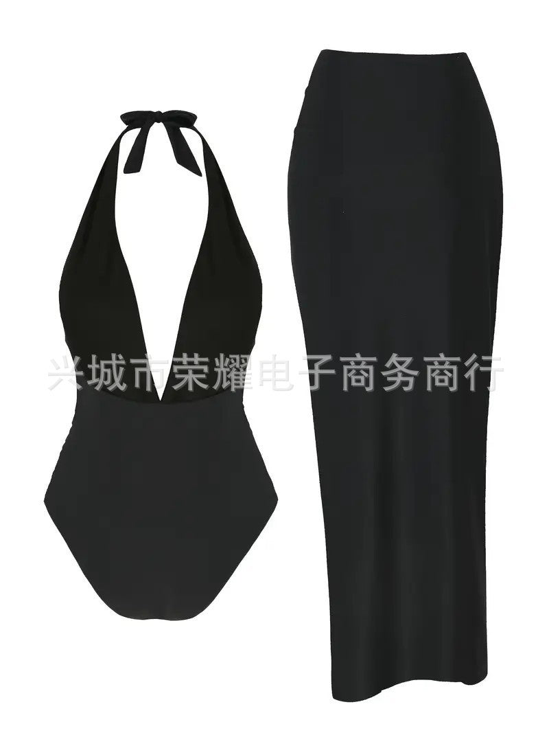 Cross-Border Sexy Beach Long Dress Deep V One-Piece Women's Black and White Swimsuit Two-Piece Set 2025 Hot Style Starfish
