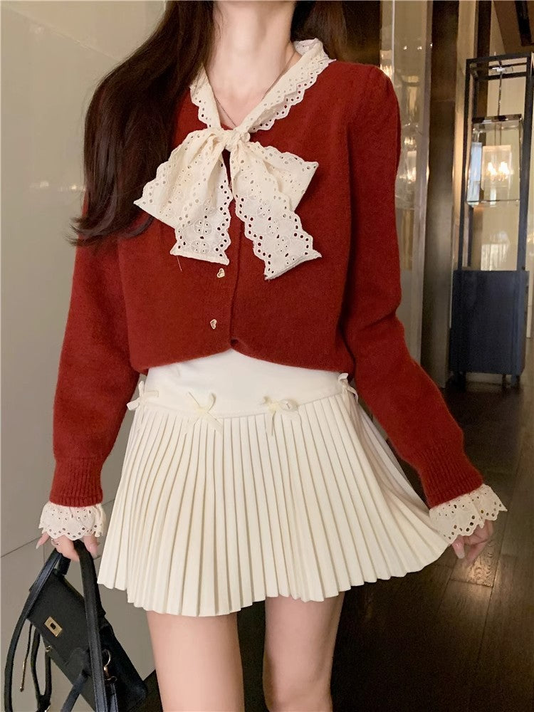 White Skirt, Bow Skirt, Black Pleated Skirt, Women's Early Autumn High-Waisted Slimming Look A-Line Skirt, Woolen Skirt