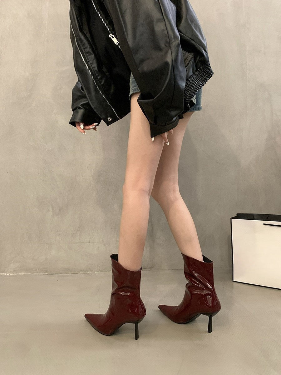 Pointed Toe Patent Leather Red Short Boots for Women 2025 Spring & Fall New Slim Stiletto Short Boots High Heels Slim Boots Nude Boots