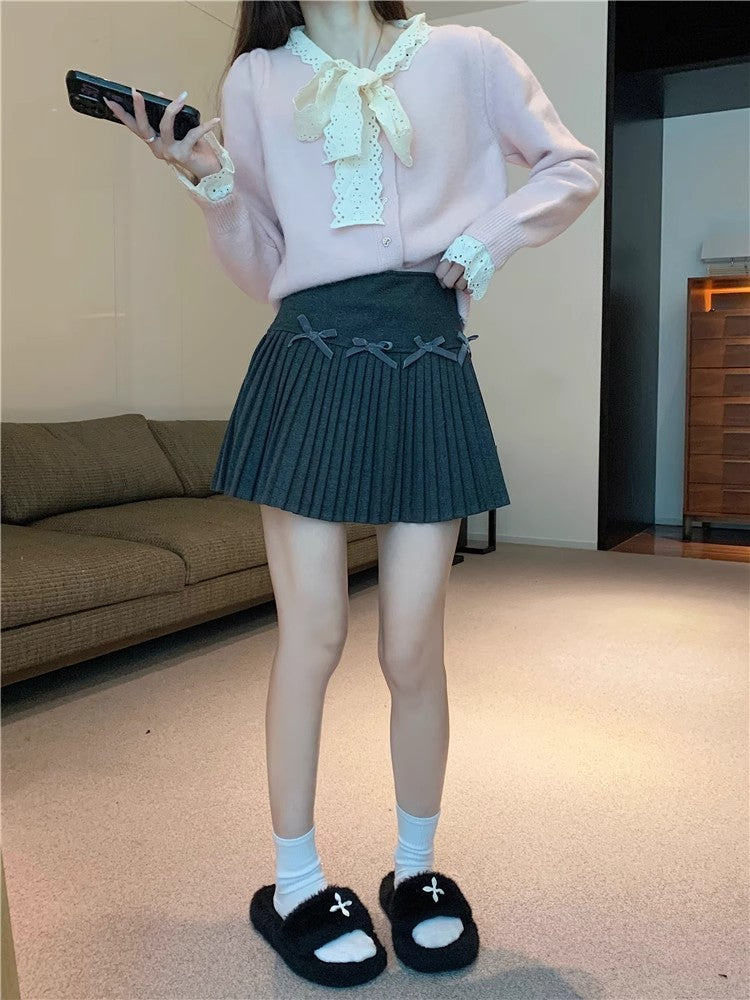 White Skirt, Bow Skirt, Black Pleated Skirt, Women's Early Autumn High-Waisted Slimming Look A-Line Skirt, Woolen Skirt