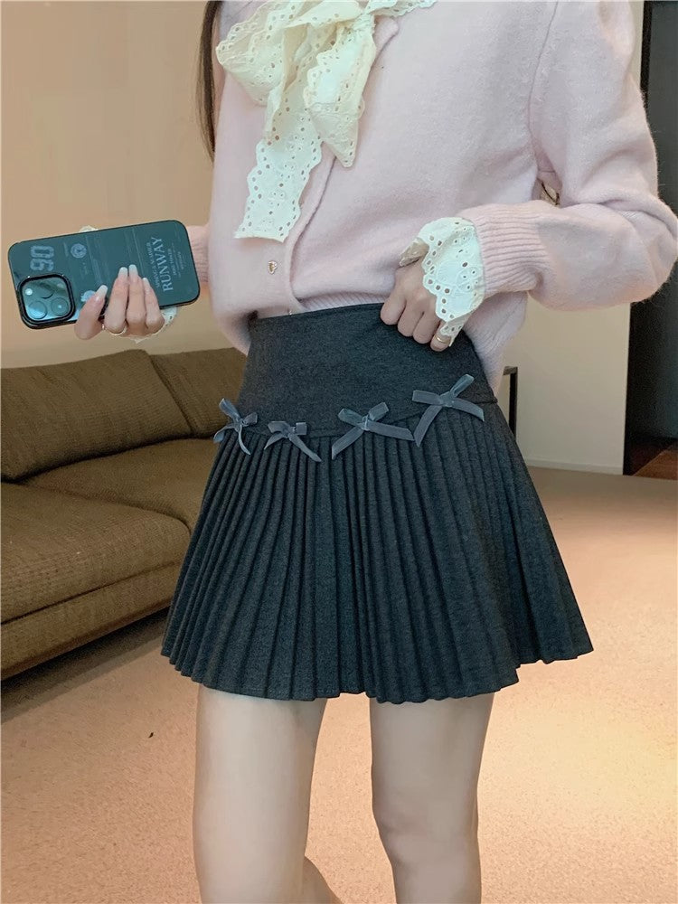 White Skirt, Bow Skirt, Black Pleated Skirt, Women's Early Autumn High-Waisted Slimming Look A-Line Skirt, Woolen Skirt