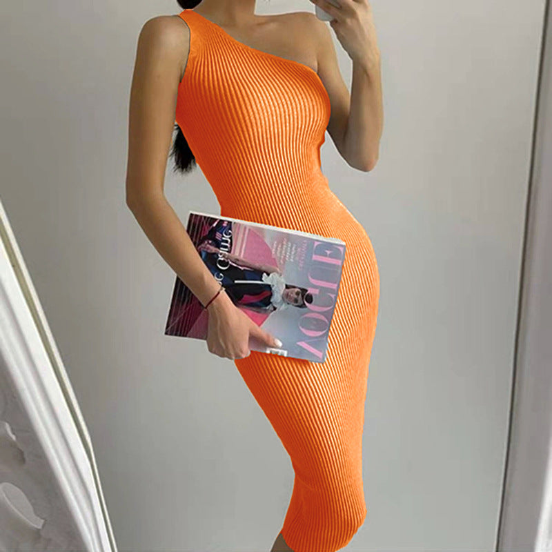 2026 Summer New Style Korean Fashion One-Shoulder Solid Color Slimming Elastic Bodycon Knit Dress 7100