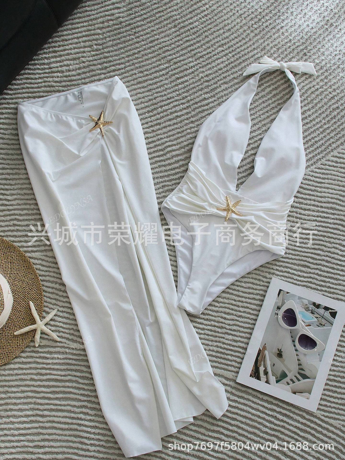 Cross-Border Sexy Beach Long Dress Deep V One-Piece Women's Black and White Swimsuit Two-Piece Set 2025 Hot Style Starfish