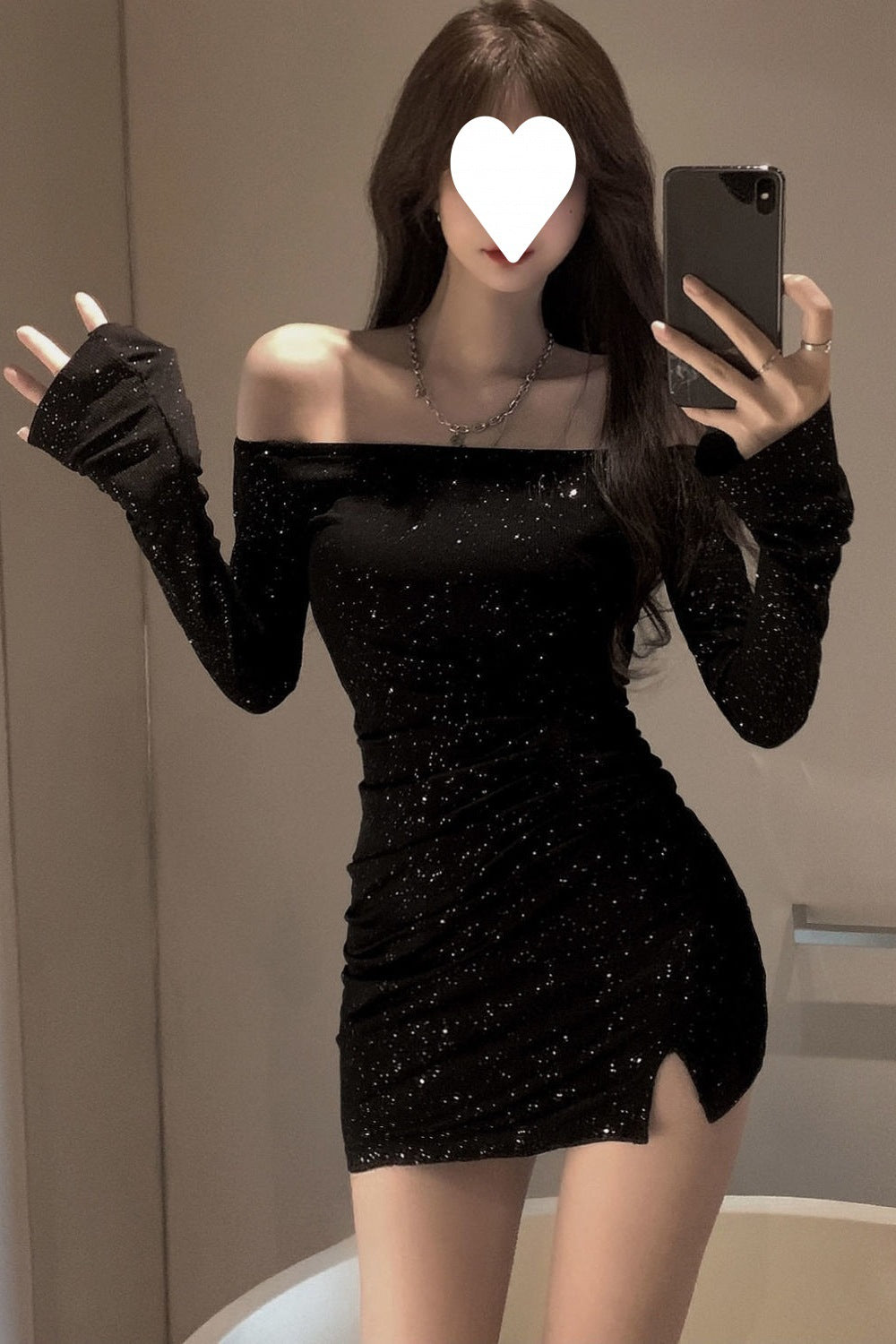 Shoulder dress Women's Slim-fit Diamond-studded Long-sleeved Irregular Hip Skirt Early Autumn 2025 New Black Skirt