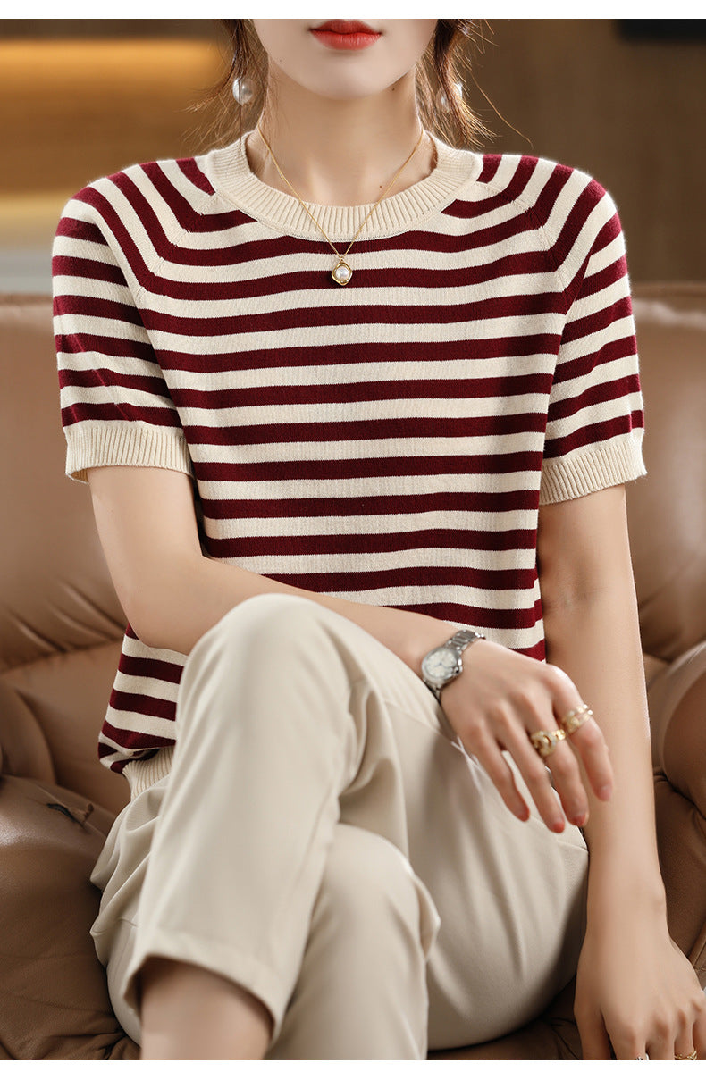 Summer New Striped Sweater T-shirt Women's Loose Round Neck Rags Short Sleeve Western Style Pure Cotton Backing Fashion