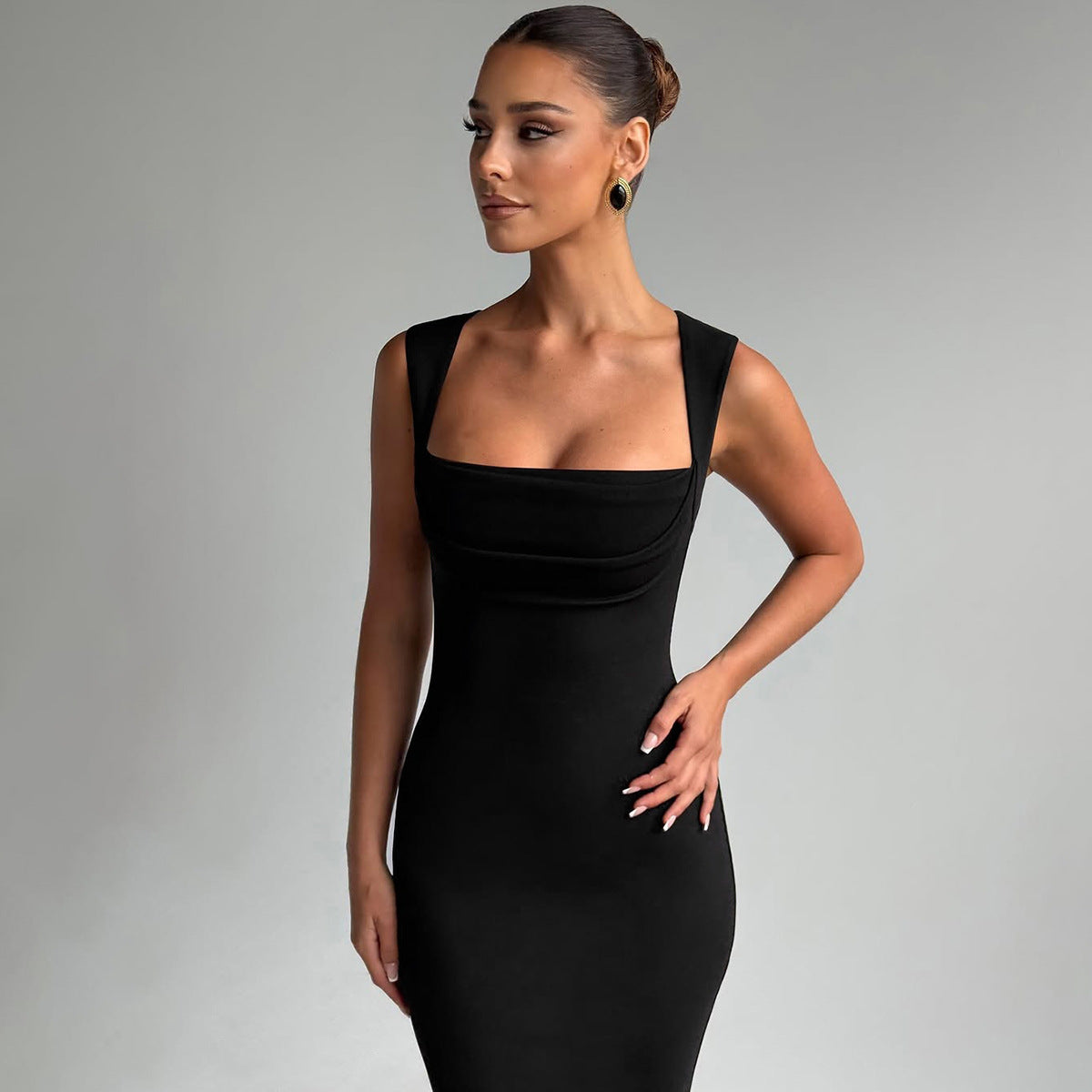 European and American Cross-Border Spring and Summer Women's Solid Color Sleeveless Square Neck Fashion Sexy Elegant Evening Slim Fit Bodycon Pencil Skirt Trendy