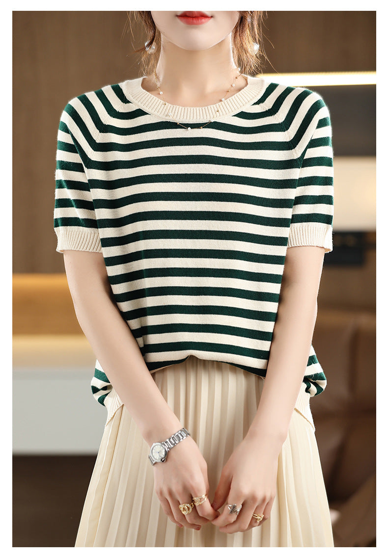 Summer New Striped Sweater T-shirt Women's Loose Round Neck Rags Short Sleeve Western Style Pure Cotton Backing Fashion