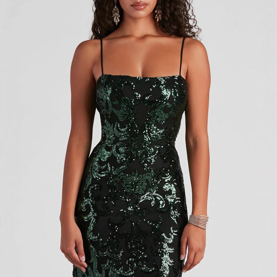 Cross-Border Summer New European and American Fashion Dresses, Sexy Formal Sequin Strap Dresses, Elegant Socialite Evening Gowns