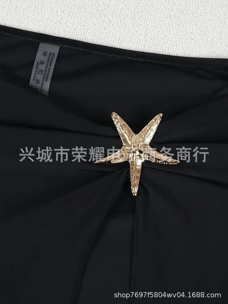 Cross-Border Sexy Beach Long Dress Deep V One-Piece Women's Black and White Swimsuit Two-Piece Set 2025 Hot Style Starfish