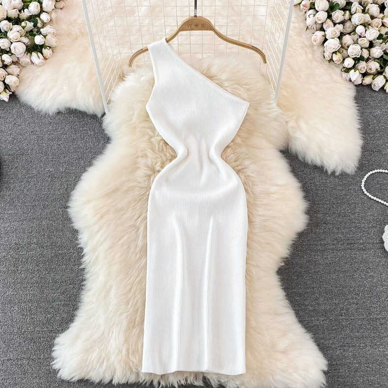 2026 Summer New Style Korean Fashion One-Shoulder Solid Color Slimming Elastic Bodycon Knit Dress 7100