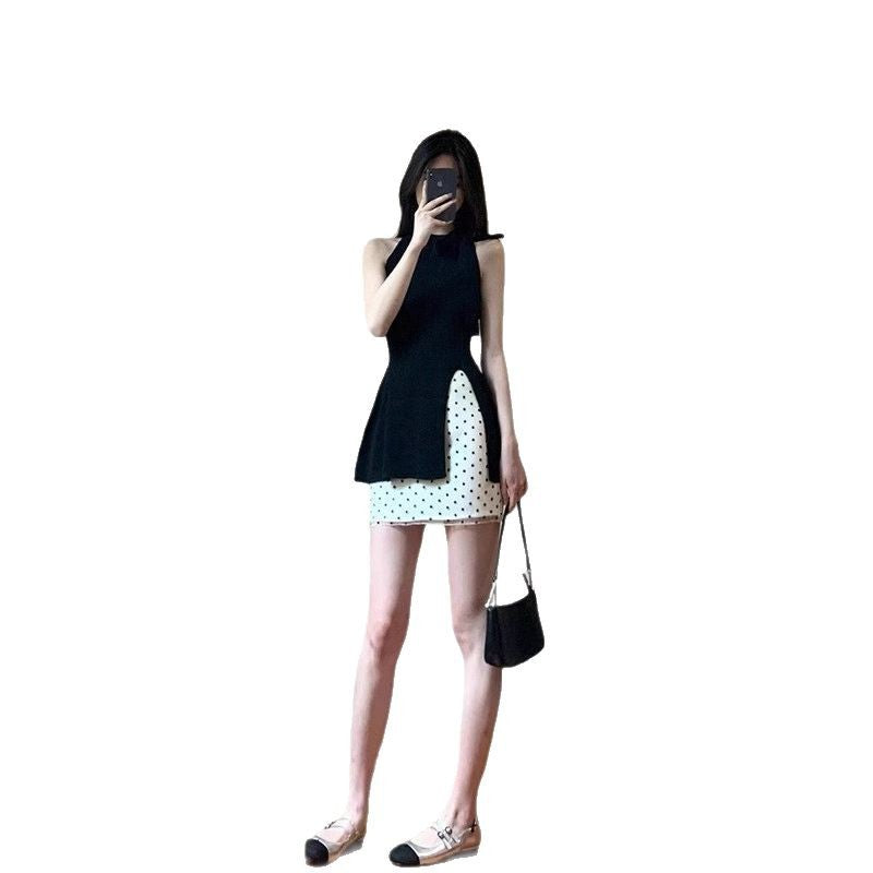 suit Women's 2025 Summer New Korean Style Design Sense Black Elegant Split Top High Waist Wave Dot Trendy Skirt