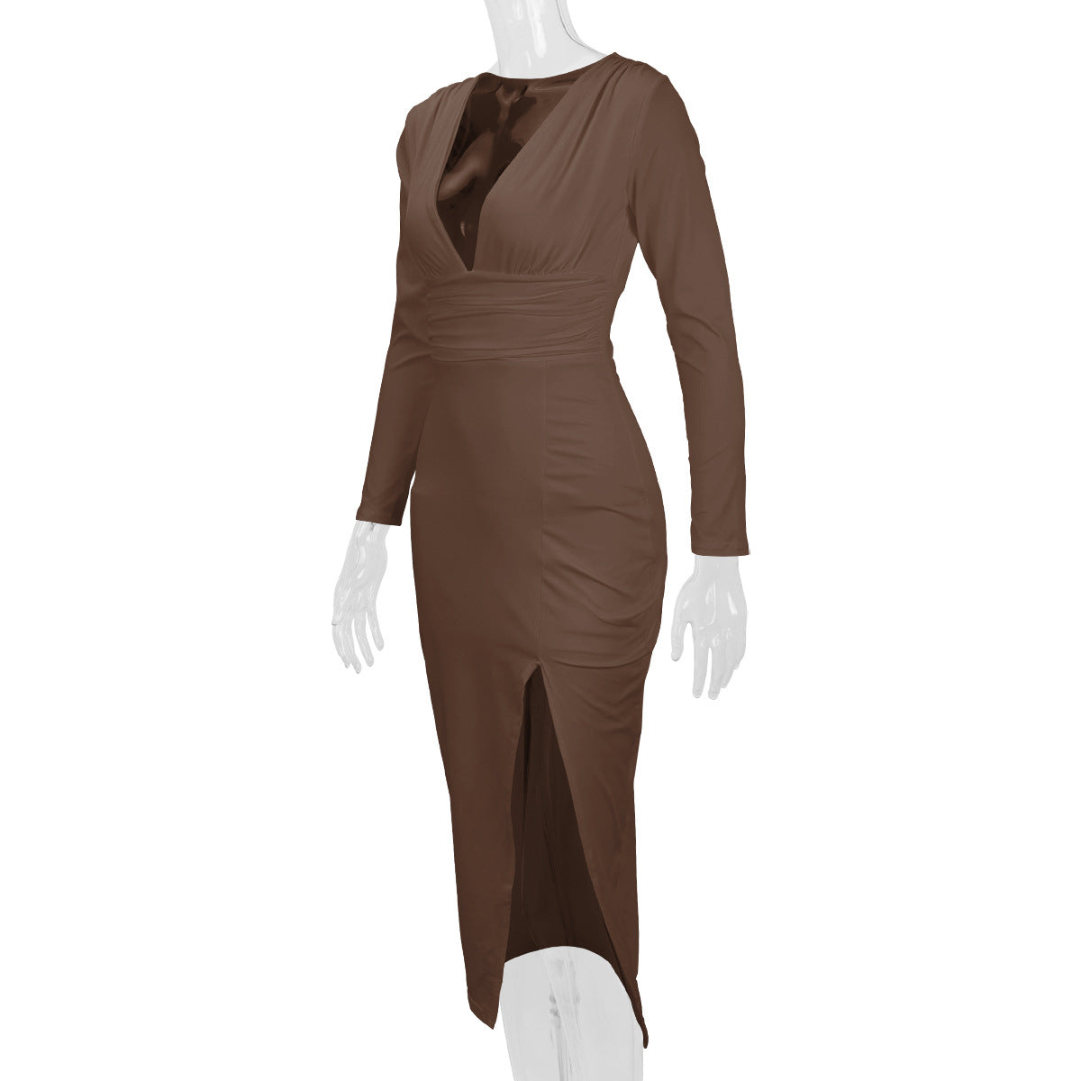 2026 Autumn and Winter New Cross-Border Long Dress European and American Style Sexy Bodycon Slim Fit Slit V-Neck Long Sleeve Dress
