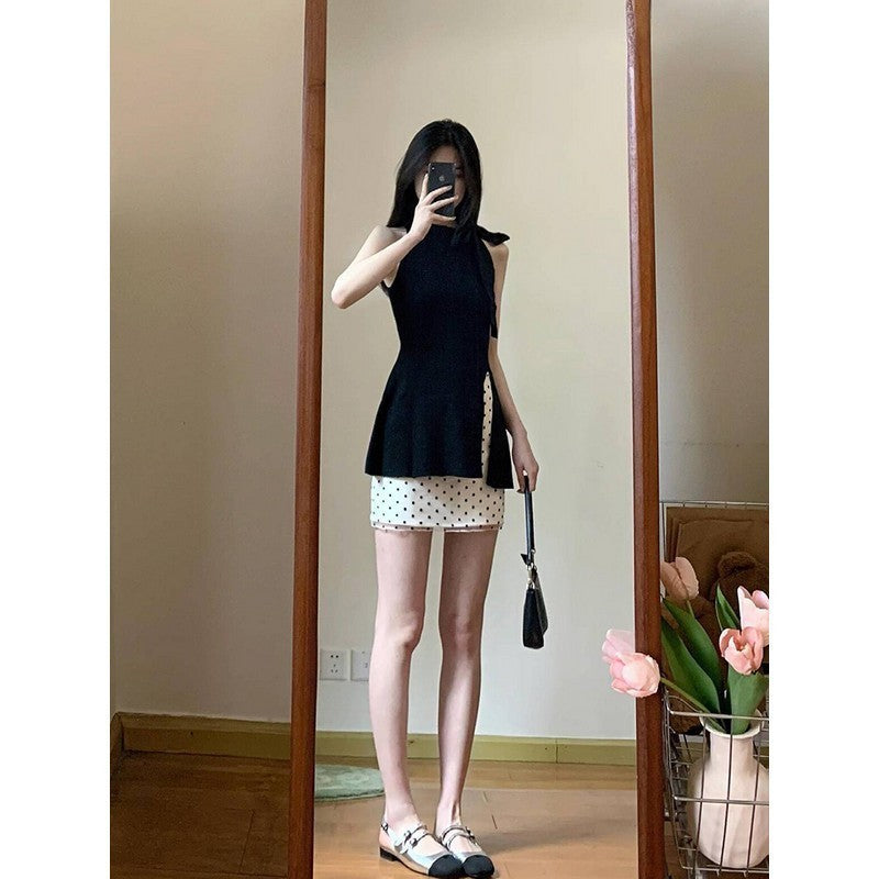 suit Women's 2025 Summer New Korean Style Design Sense Black Elegant Split Top High Waist Wave Dot Trendy Skirt