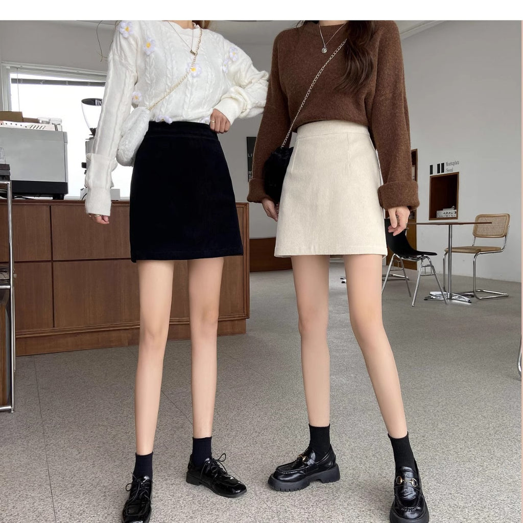2023 New Autumn and Winter Skirts for Women, Corduroy Skirts, Small High-Waist Slimming Look Korean Style A-Line Hip Skirts