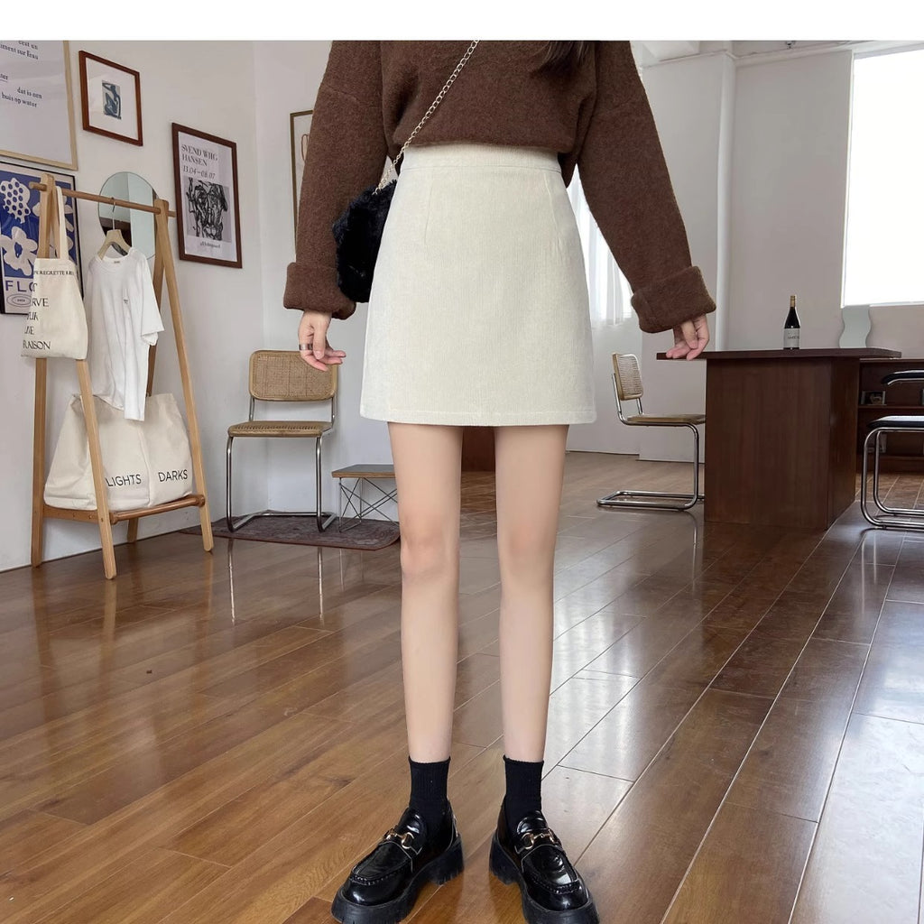 2023 New Autumn and Winter Skirts for Women, Corduroy Skirts, Small High-Waist Slimming Look Korean Style A-Line Hip Skirts
