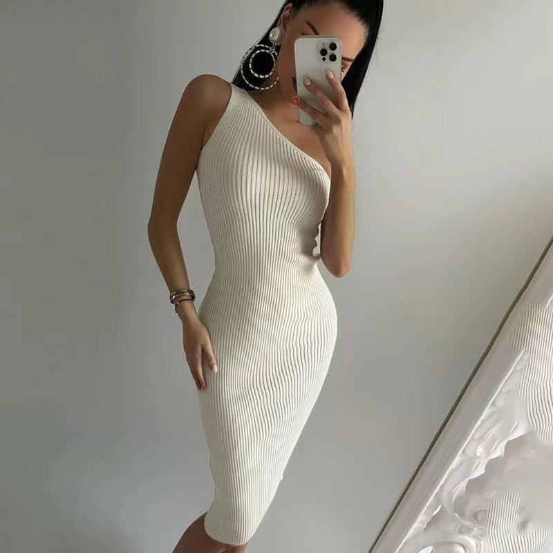 2026 Summer New Style Korean Fashion One-Shoulder Solid Color Slimming Elastic Bodycon Knit Dress 7100