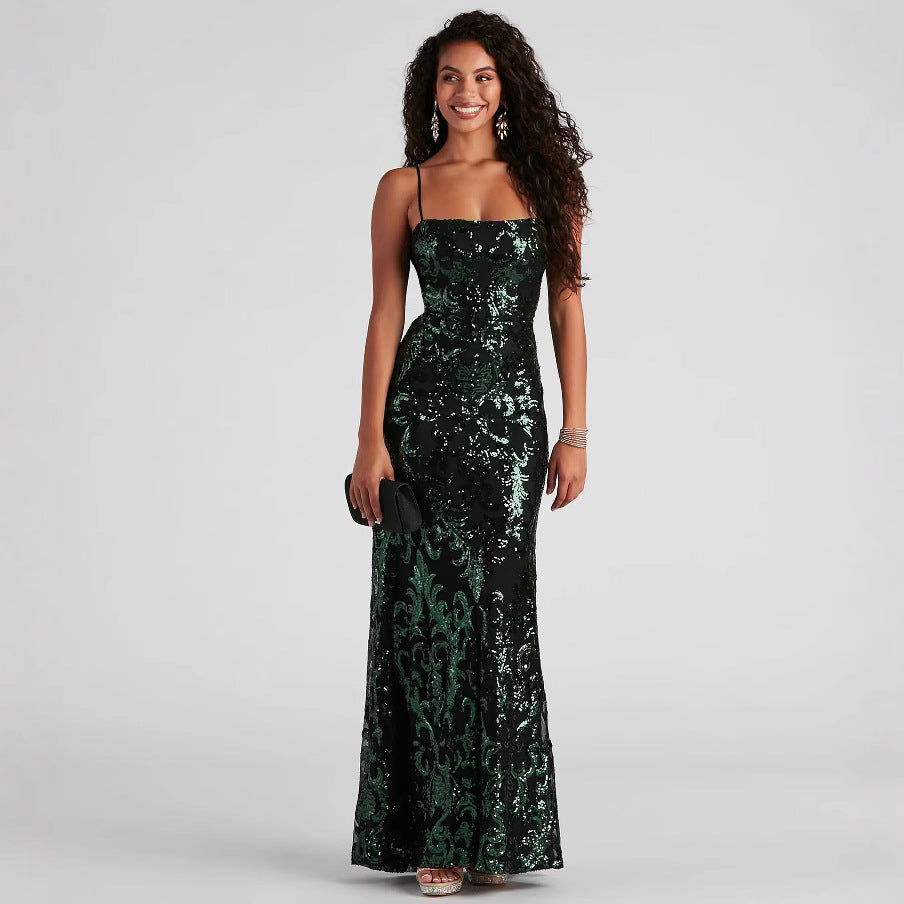 Cross-Border Summer New European and American Fashion Dresses, Sexy Formal Sequin Strap Dresses, Elegant Socialite Evening Gowns