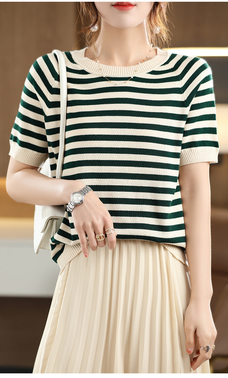 Summer New Striped Sweater T-shirt Women's Loose Round Neck Rags Short Sleeve Western Style Pure Cotton Backing Fashion
